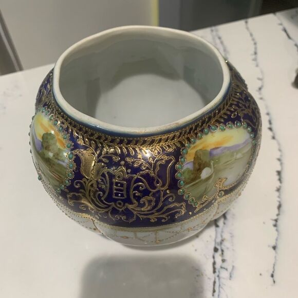 Nippon Vintage Ornate Blue and Gold Covered Jar With Landscape Scenes - Picture 10 of 16